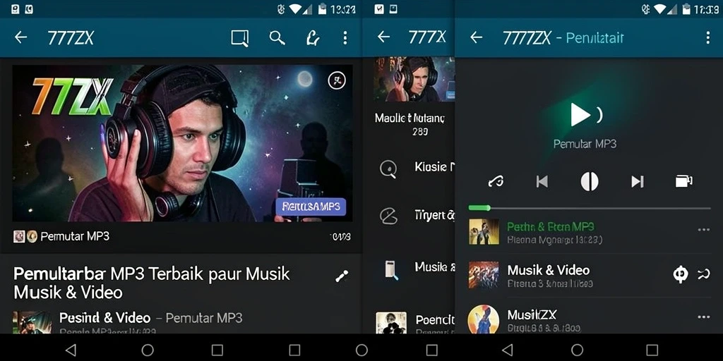 Tampilan antarmuka aplikasi 777ZX untuk Pemutar MP3 yang user-friendly.
