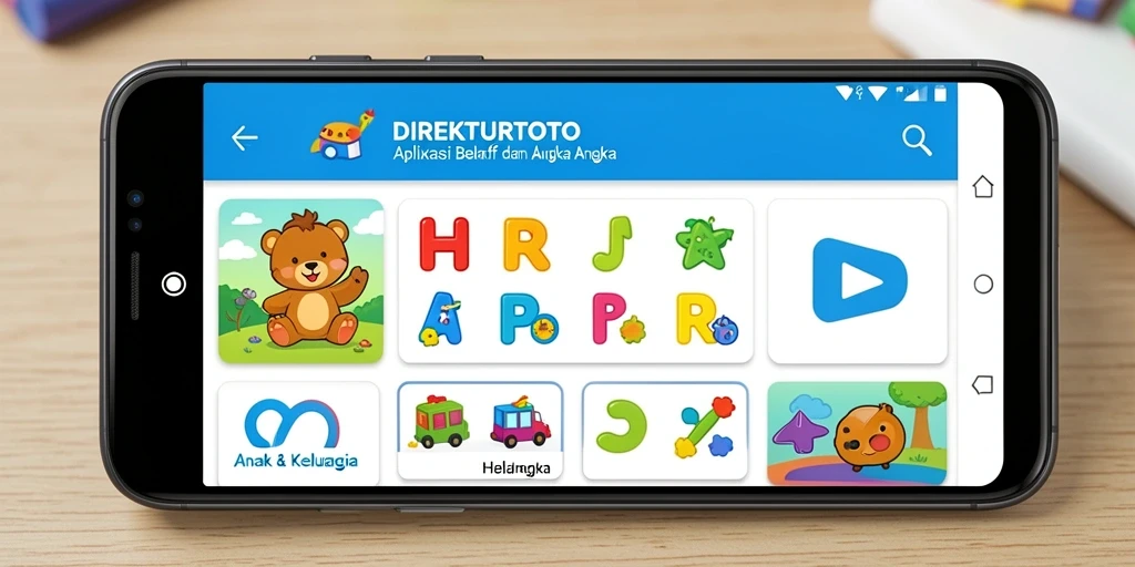 Tampilan aplikasi DIREKTURTOTO yang menampilkan aktivitas belajar huruf dan angka.