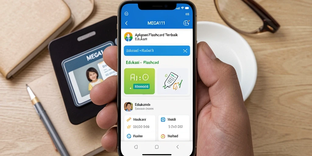 Tangkapan layar MEGA111 menampilkan antarmuka pengguna aplikasi Flashcard yang interaktif.